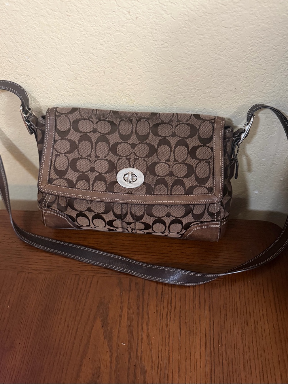 Coach Brown Signature Canvas Crossbody with Silver Turnlock